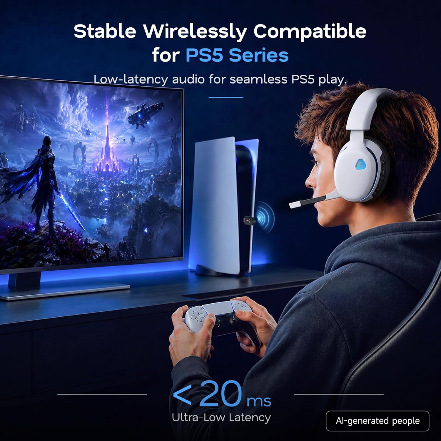 AOC 2.4GHz Wireless Gaming Headset for PS5, PS4, PC, Switch, 45Hr, White - Image 2