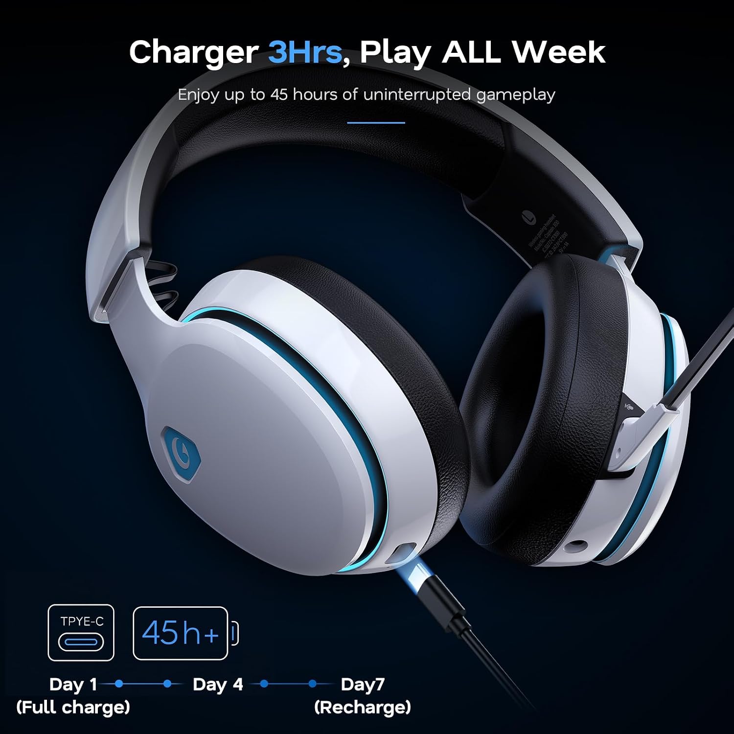 AOC 2.4GHz Wireless Gaming Headset for PS5, PS4, PC, Switch, 45Hr, White - Image 6